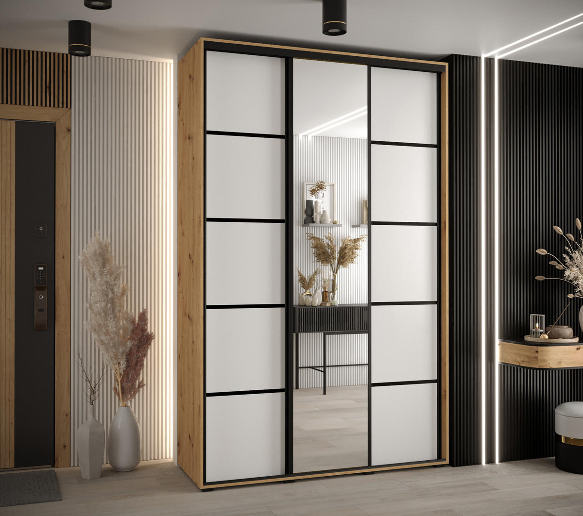 SCHWEBETÜRENSCHRANK 235,2/160/60 3-türig - Schwarz/Weiß, Holz/Metall (160/235/60cm) - Abiks Möbel