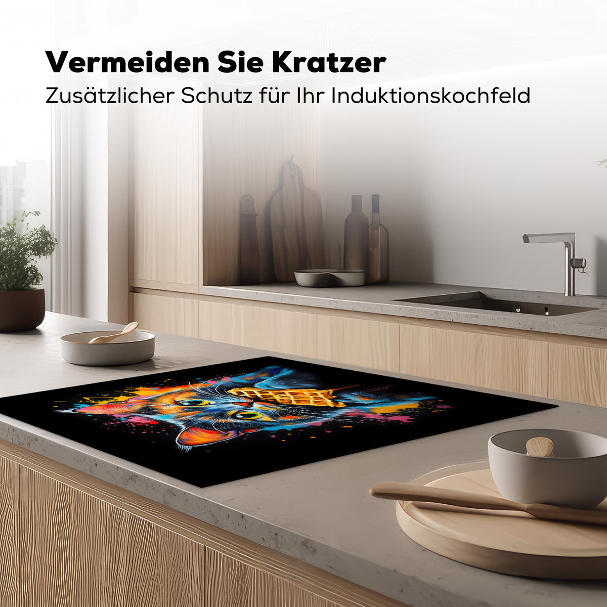 HERDABDECKPLATTE Katze - Graffiti - Bunt - Waffel - Essen Induktionsmatte 78x78 cm - Multicolor, Kunststoff (78/78/0.2cm) - MuchoWow