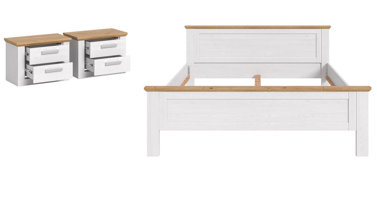 SCHLAFZIMMER weiß Lärche, Eiche Artisan Landhaus Set mit Bett 180 x 200 cm, 2x Nachttisch - Eichefarben/Silberfarben, Holzwerkstoff/Kunststoff (180/200cm) - Inn.Furn