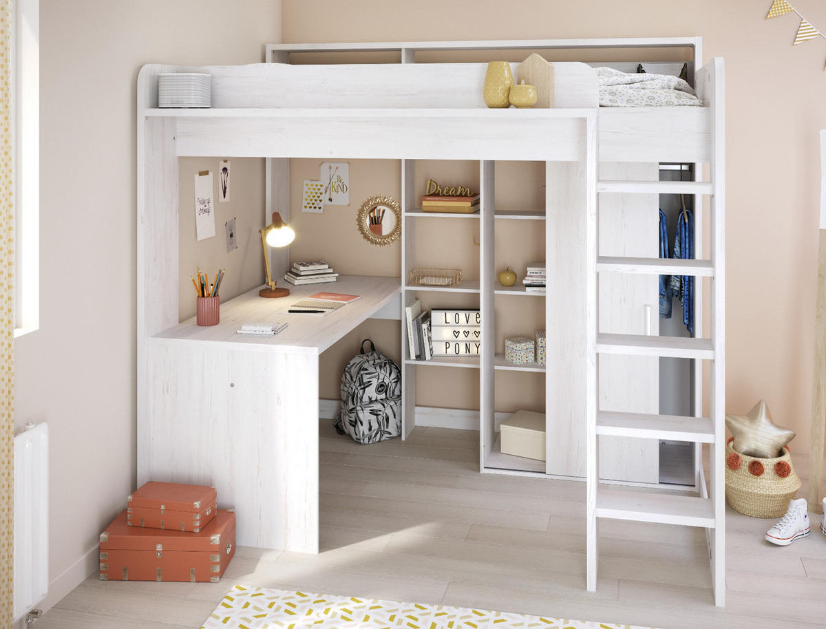 HOCHBETT mit Kleiderschrank und Schreibtisch Bett 90 x 200 cm - Weiß/Kieferfarben, Holzwerkstoff/Kunststoff (90/200cm) - Parisot Meuble