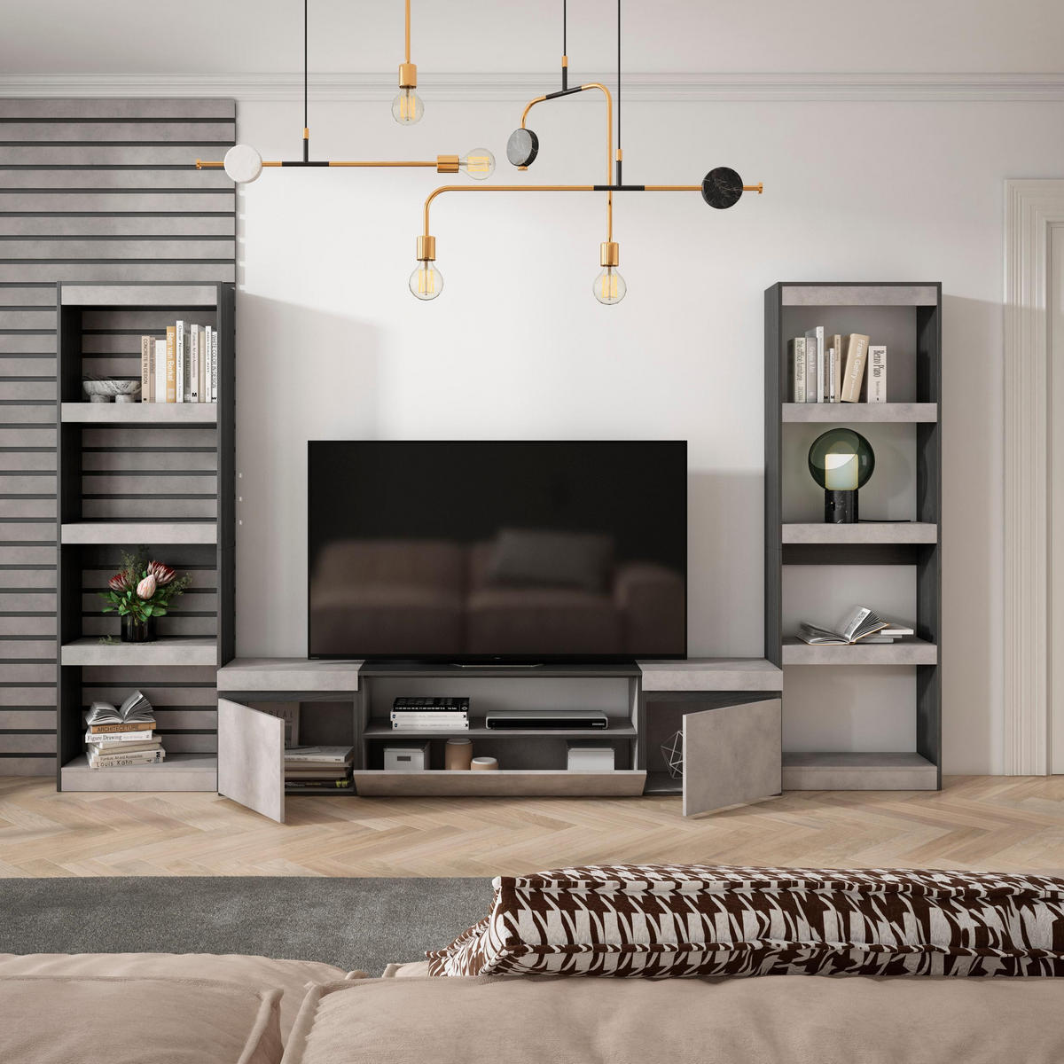 WOHNWAND zementgrau, 320/35/186cm - Grau, Holzwerkstoff (320/186/35cm) - Skraut Home