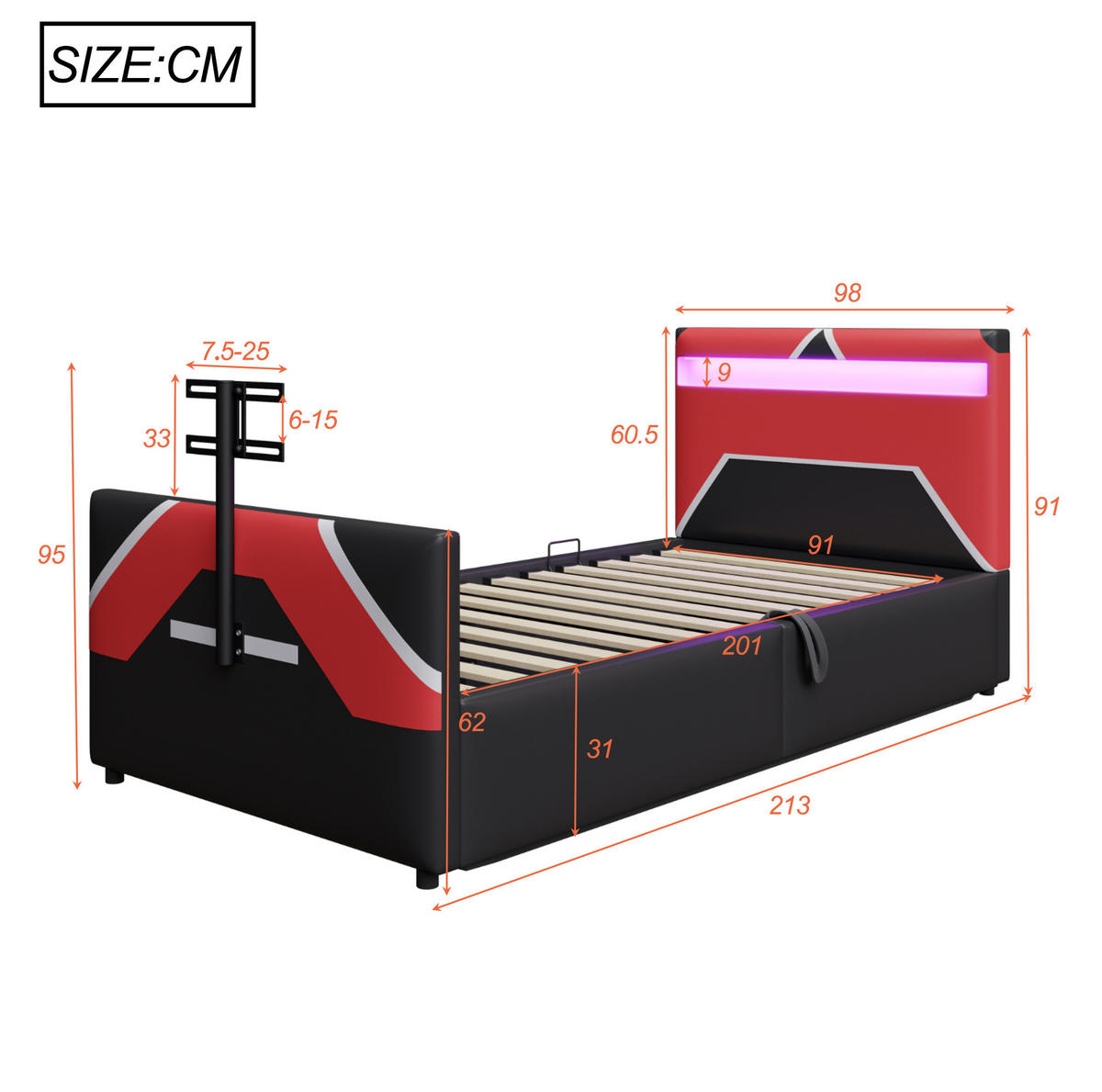 KINDEREINZELBETTEN aus Kunstleder 90x200 cm in Schwarz mit LED & TV-Halterung - Schwarz, Leder (90/200cm) - Modfu