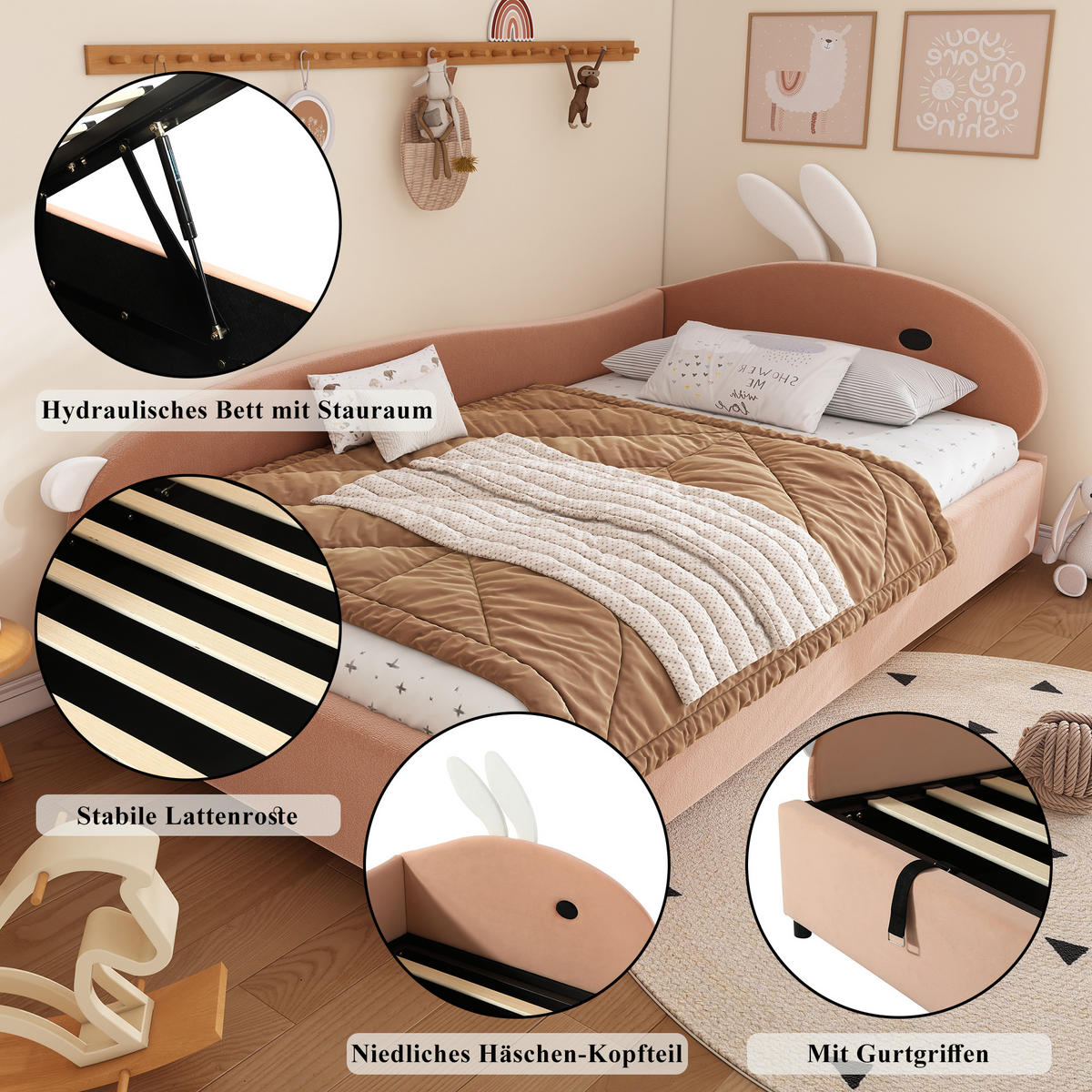 POLSTERBETT 90/200 cm Rosa+Weiß Niedliches Häschen-Kopfteil mit Stauraum aus Samt - Dunkelrosa, Textil (90/200cm) - OKWISH