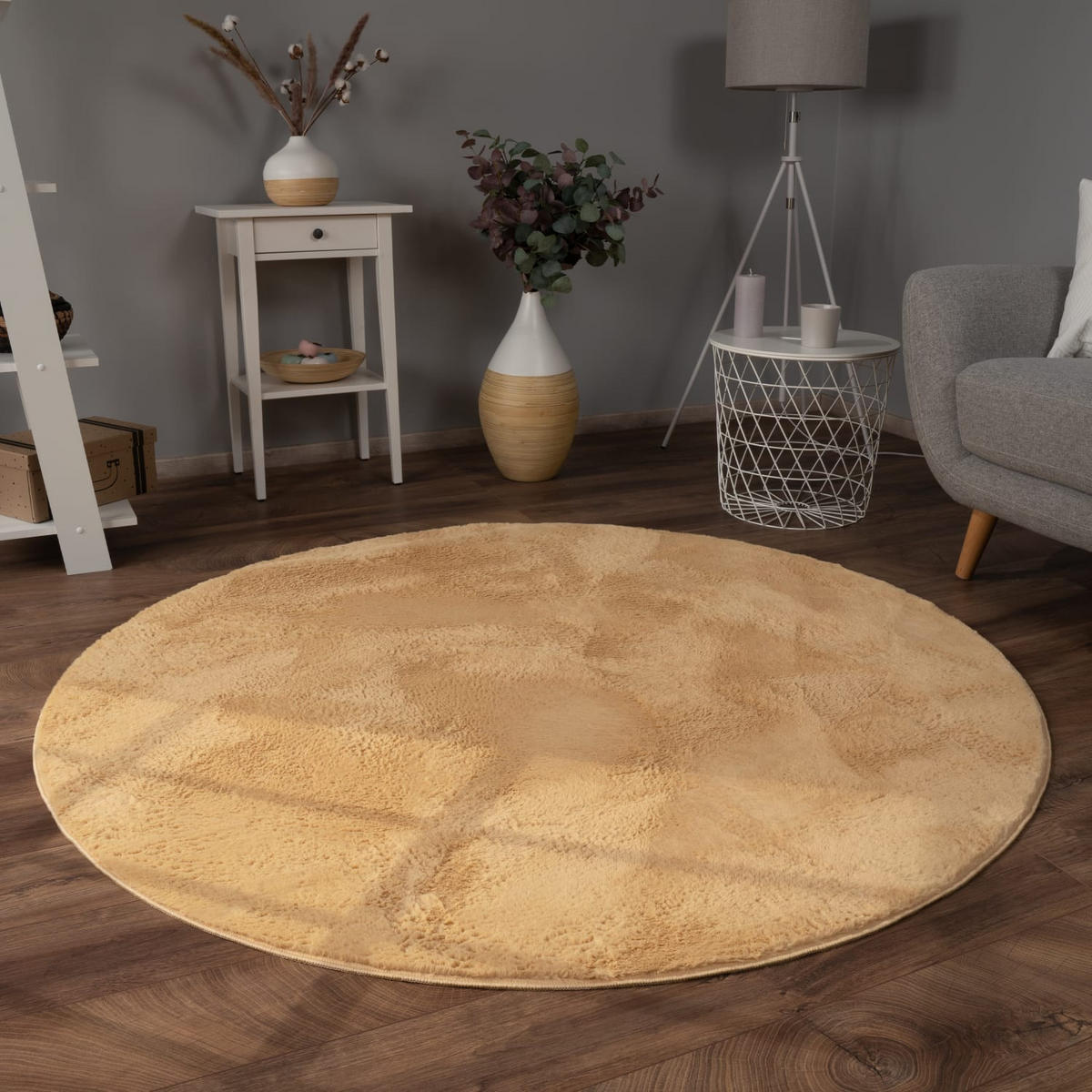 TEPPICH Kurzflor waschbar Einfarbig Wohnzimmer schmutzabweisend Gelb Rund 120D - Gelb, Textil (120/120cm) - KADIMA DESIGN