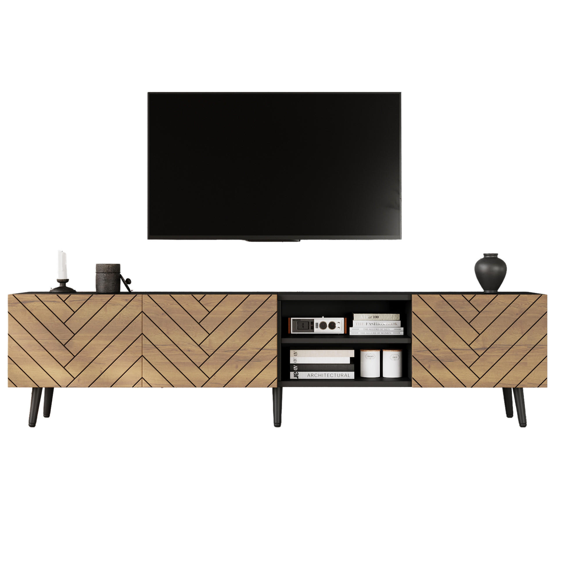 TV-LOWBOARD 180/33,5/45 cm naturfarben-schwarz aus Spanplatte mit Kabeldurchführung - Naturfarben, Holzwerkstoff (180/45/33.5cm) - OKWISH