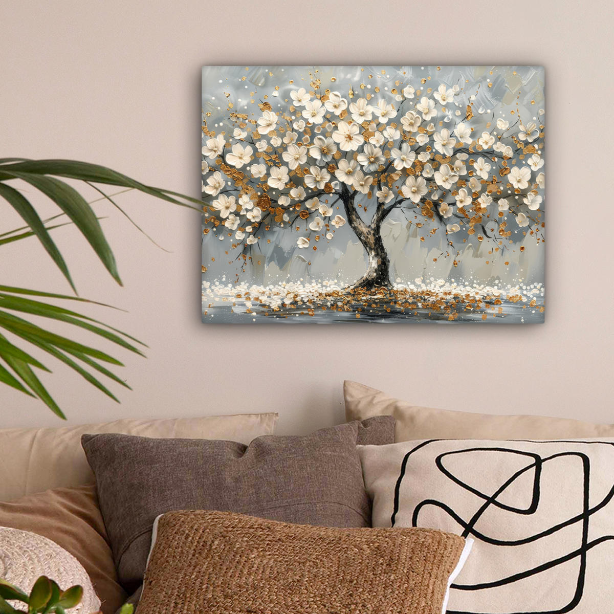 LEINWANDBILD Baum - Blumen - Weiß - Natur - Kunst Wandbild 40x30 cm - Weiß, Textil (40/30cm) - MuchoWow