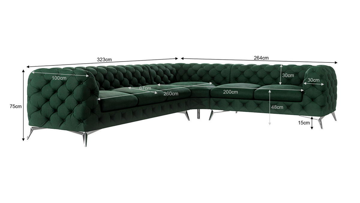ECKSOFA Chesterfield Laura Flasche Grün Samt - Smaragdgrün/Silberfarben, Holz/Textil (323/264cm) - S-Style Möbel