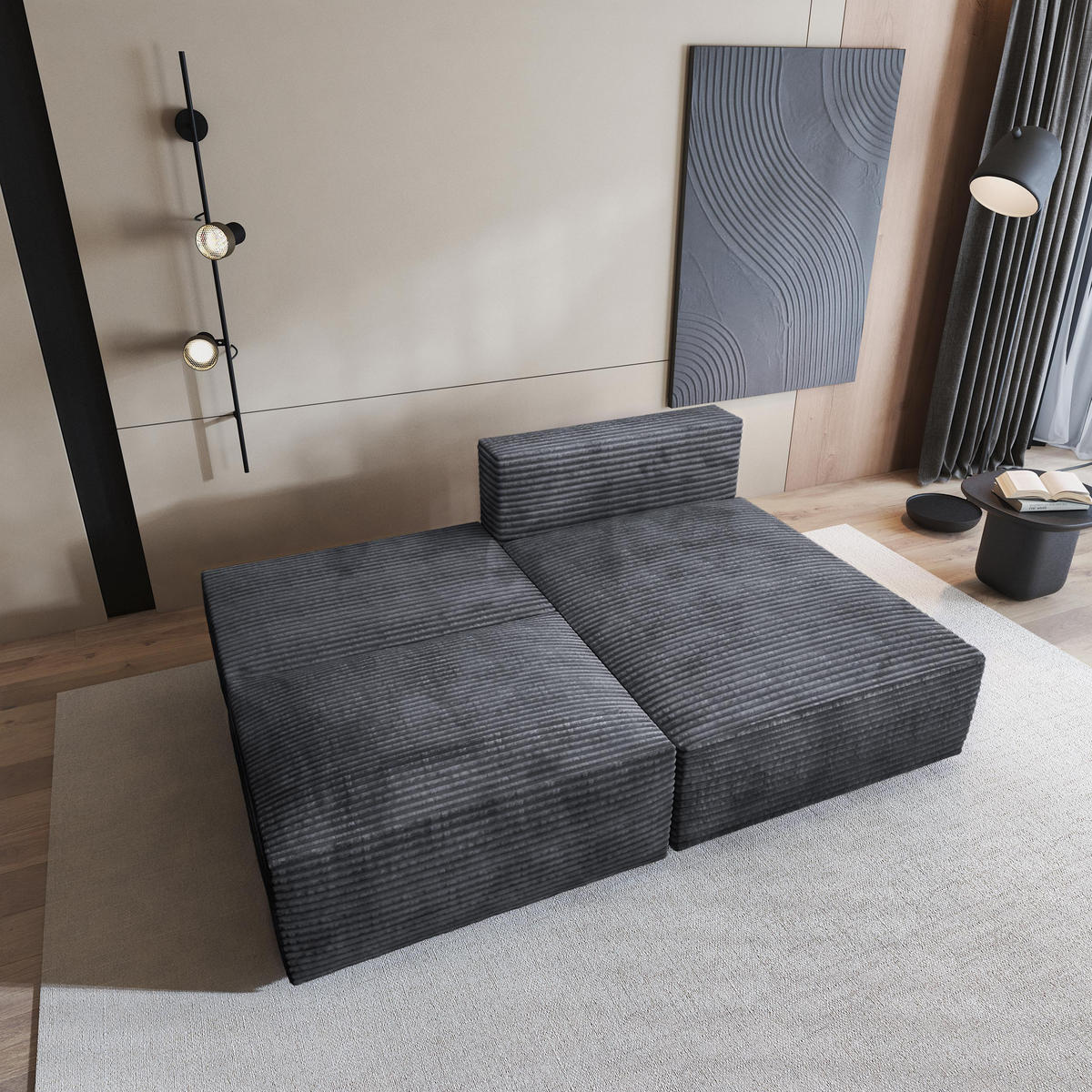 ECKSOFA FIORO Graphitfarben Kordstoff mit Schlaffunktion - Graphitfarben, Holz (204/148cm) - MASSENO