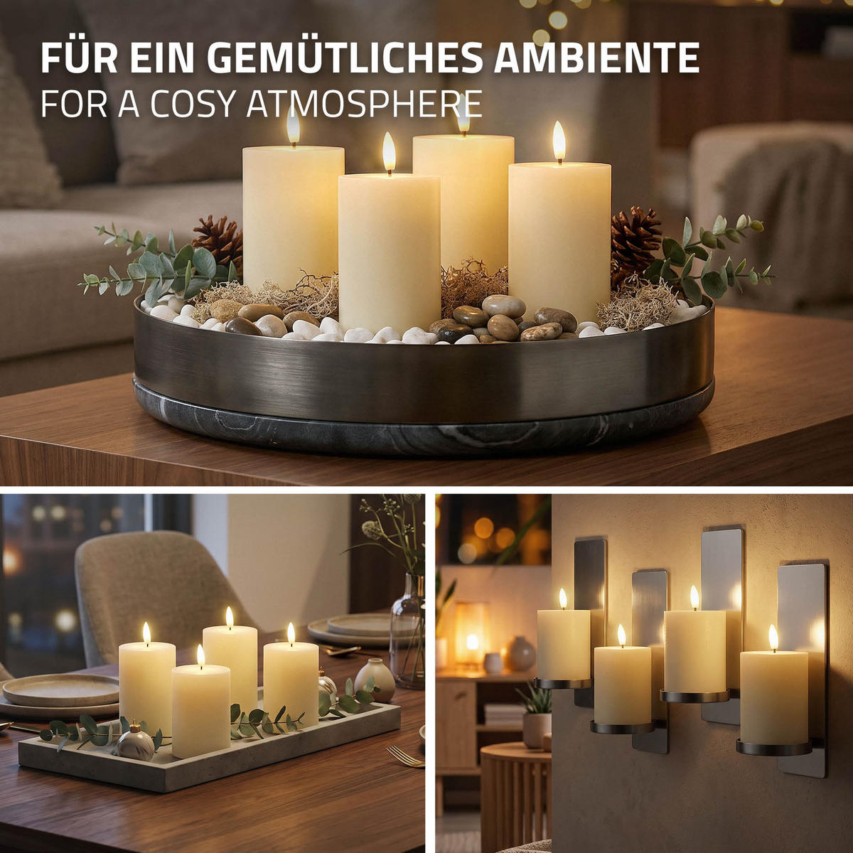 SADA 4 dobíjecích LED svíček z pravého vosku s dálkovým ovládáním, časovačem a stmíváním - krémová, plast (7/13.5/7cm) - ECD-Germany