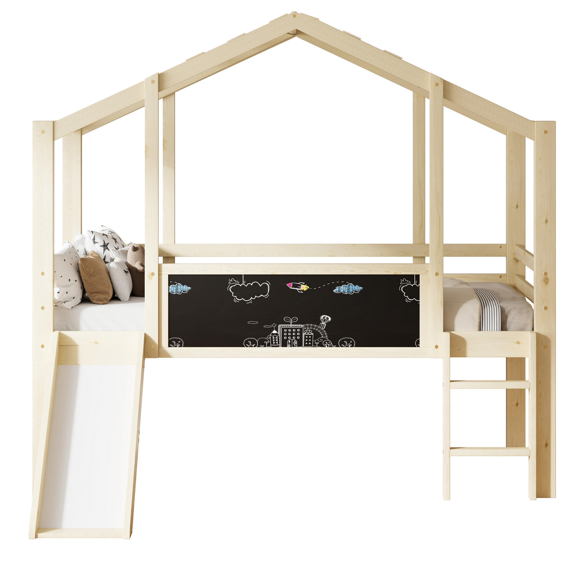 HOCHBETT 90/200 cm aus Massivholz – mit Rutsche, Leiter und Rausfallschutz - Naturfarben, Holz (90/200cm) - BEAOK