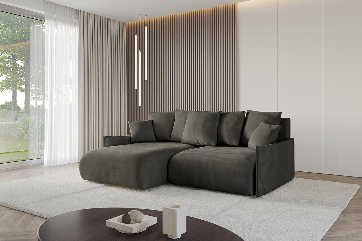 ECKSOFA mit Schlaffunktion und Bettkasten ONESK-L -v1 208x165x40 Schwarz Velours - Schwarz, Holzwerkstoff/Kunststoff (208/165cm) - ALTDECOR