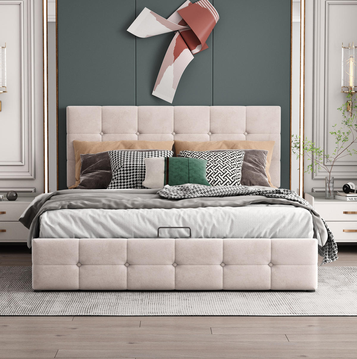 POLSTERBETT mit Samtbezug 140x200 cm Cremeweiß mit hydraulischem Bettkasten - Weiß, Textil (140/200cm) - IVMEU