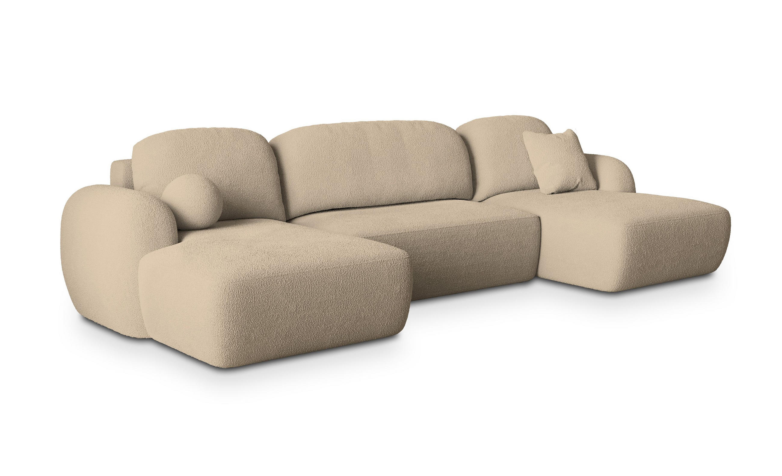WOHNLANDSCHAFT SAVONA N Creme Boucle-Stoff mit Schlaffunktion - Creme, Holz (350/90/148cm) - MASSENO