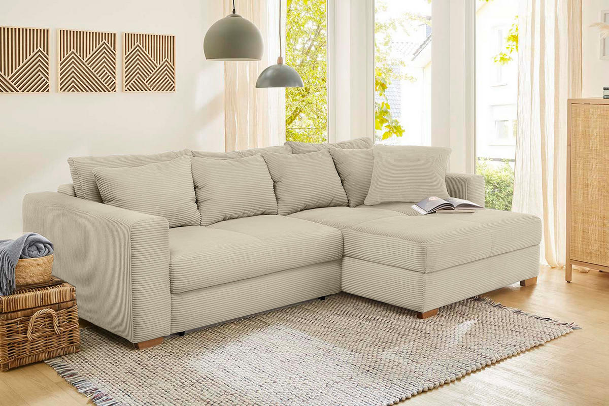 ECKSOFA-DAUERSCHLÄFER Federkern Bettkasten, seitenverkehrt montierbar B288/T186/H86 cm, Liegefl. 153x245 cm, Cord Beige Grau / 15154 - Greige/Eichefarben, Holz/Textil (288/186cm) - luma-home