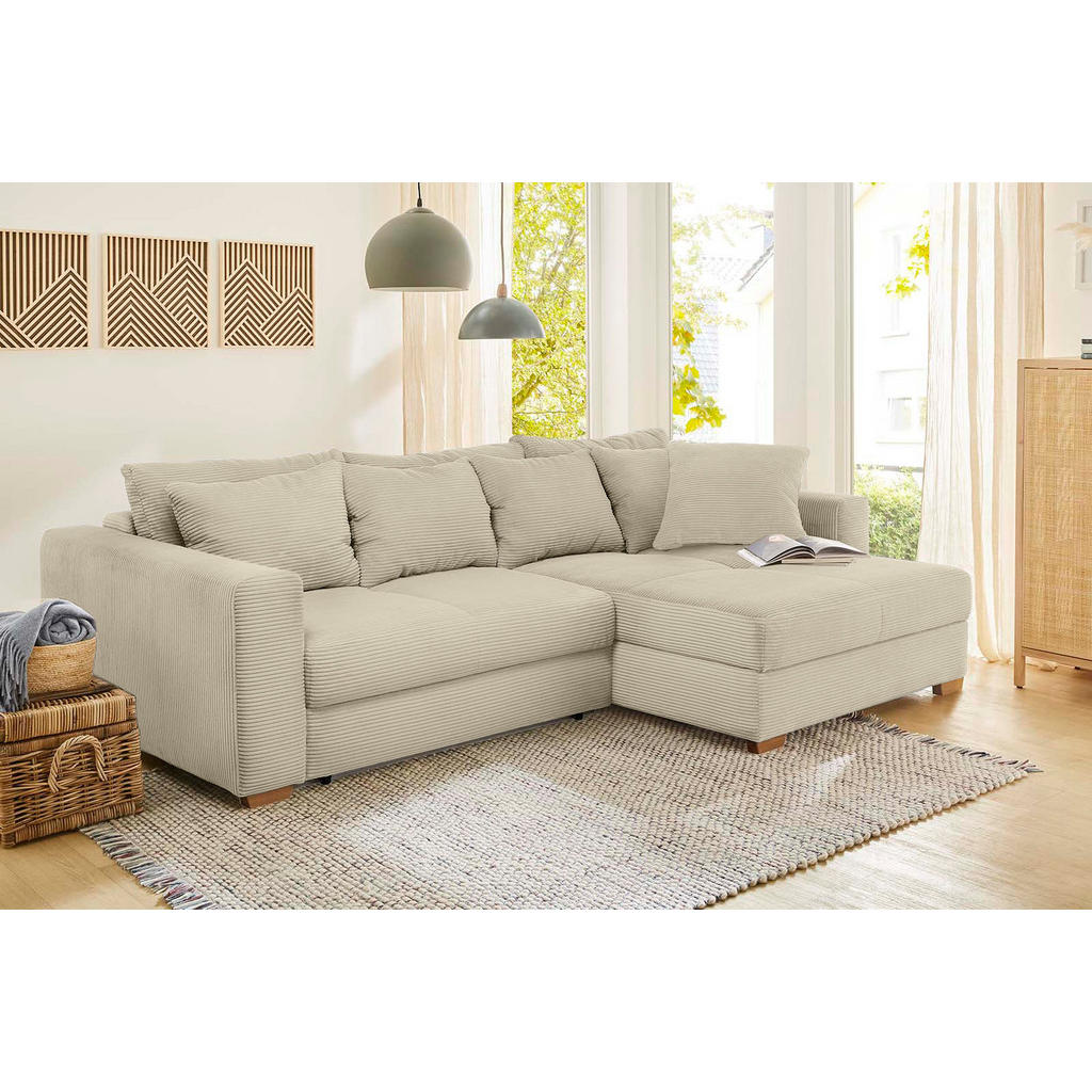 Thumbnail - luma-home Ecksofa-Dauerschläfer, Greige, Textil, 3-Sitzer, Füllung: Polyurethan (Pur), Ottomane links, L-Form, seitenver...