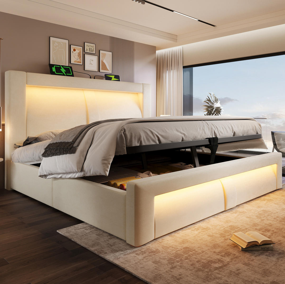 POLNJENA postelja iz žameta 160x200 cm bež s hidravličnim prostorom, LED osvetlitvijo, USB in Type-C priključki - bež, tekstil (160/200cm) - Modfu