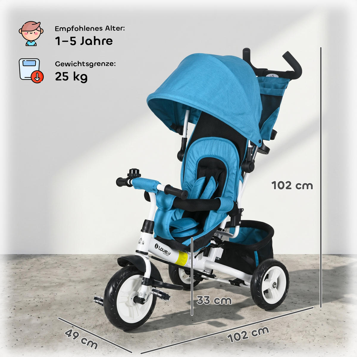 6-IN-1 Dreirad mit Schubstange, Kinderdreirad mit abnehmbarem Sonnendach - Hellblau, Metall (102/49/102cm) - HOMCOM