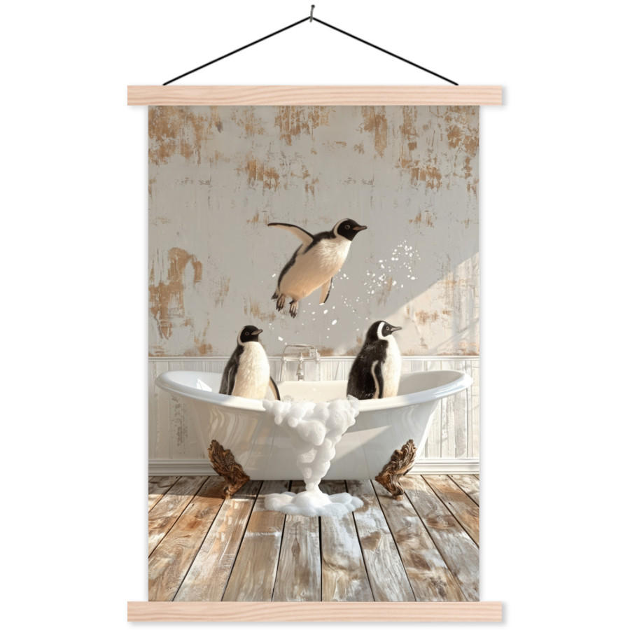 POSTER Vintage - Pinguin - Badewanne - Schaumstoff 40x60 cm - Schwarz, Textil (40/60/0.15cm) - MuchoWow