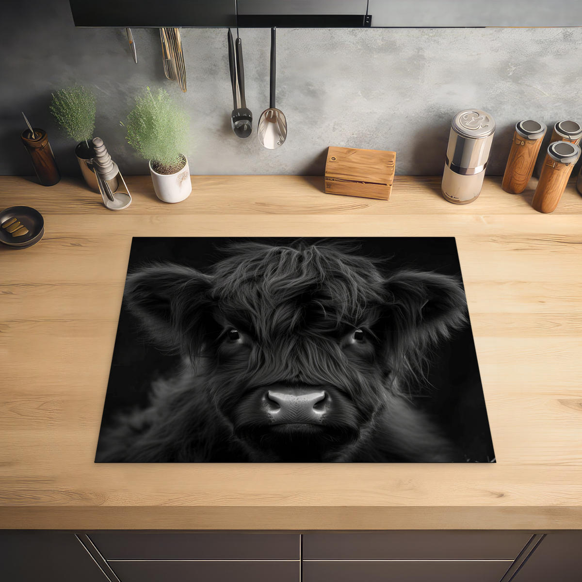 HERDABDECKPLATTE Scottish Highlander - Schwarz - Kalb - Kuh Herdabdeckung Induktionsfeld 65x52 cm - Schwarz, Kunststoff (65/52/0.2cm) - MuchoWow