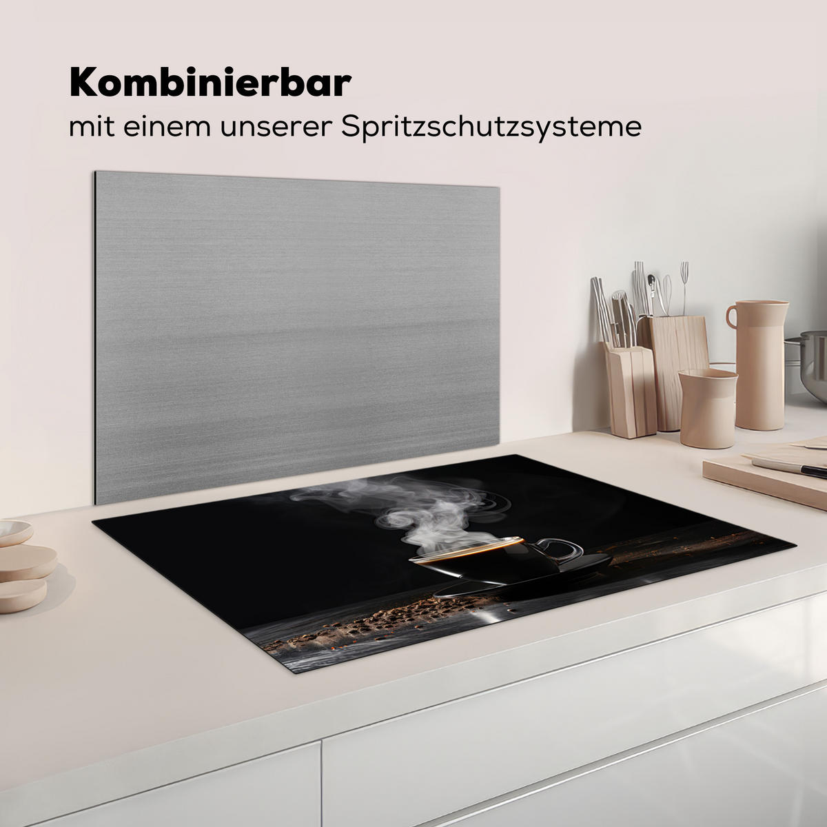 HERDABDECKPLATTE Kaffee - Schwarz - Bohnen - Heiß - Tasse Induktionsmatte 81x52 cm - Schwarz, Kunststoff (81/52/0.2cm) - MuchoWow
