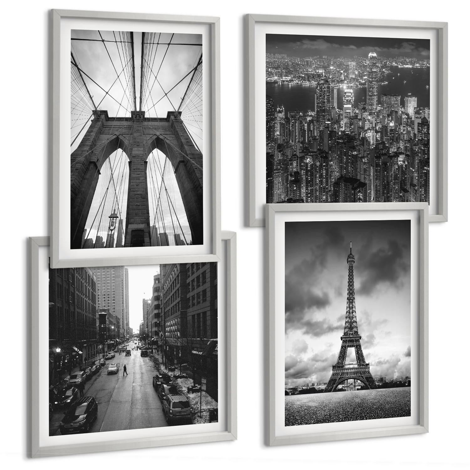 BILDER SET 4er Set - 50x50 cm & 40x60 cm Silberner Rahmen - Monochromatische Brückentürme - Silberfarben, Kunststoff (50/50cm) - TULUP