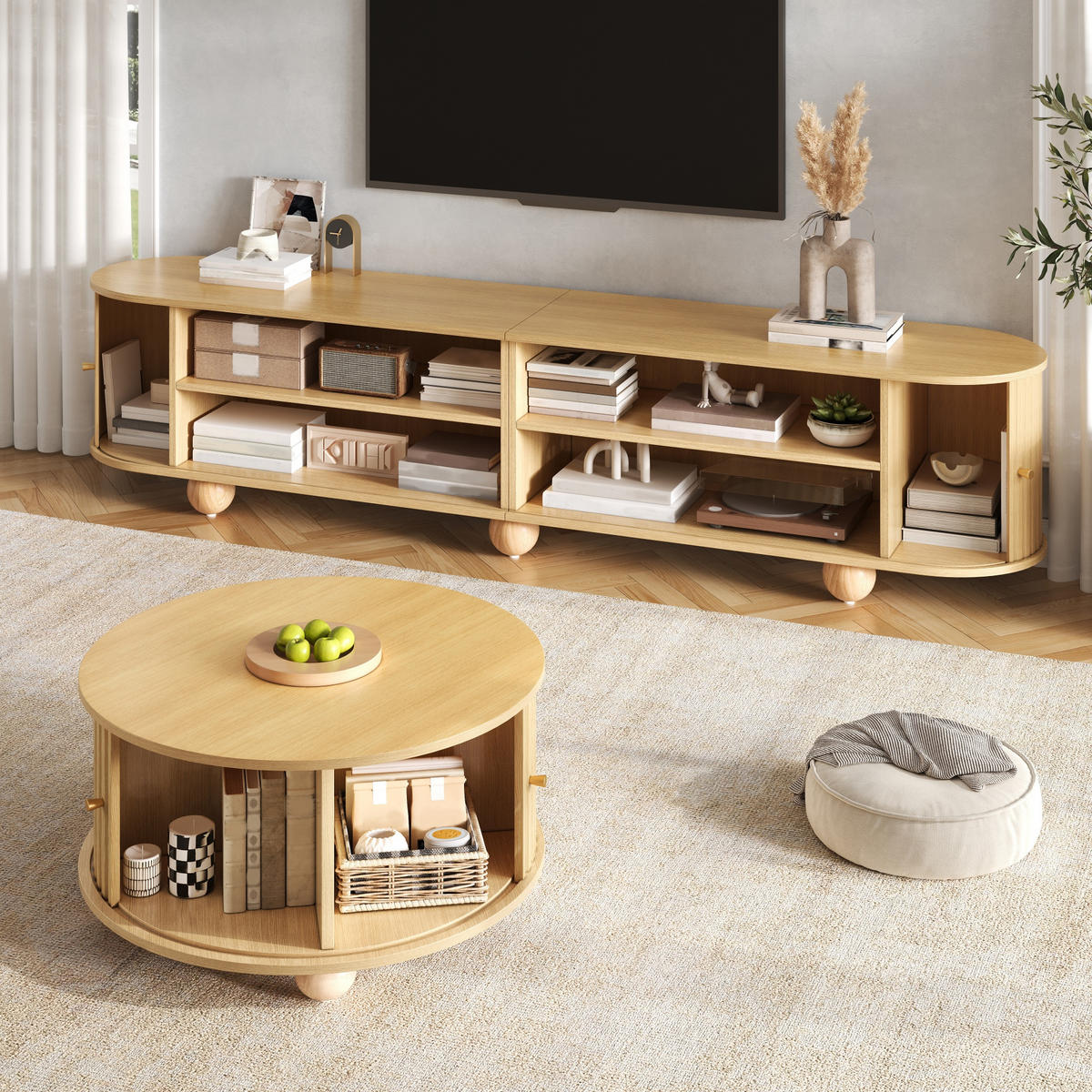 COUCHTISCHSET TV-Schrank MDF Schiebetüren Relief Schwarz - Naturfarben, Holzwerkstoff (180/45/35cm) - FLIEKS