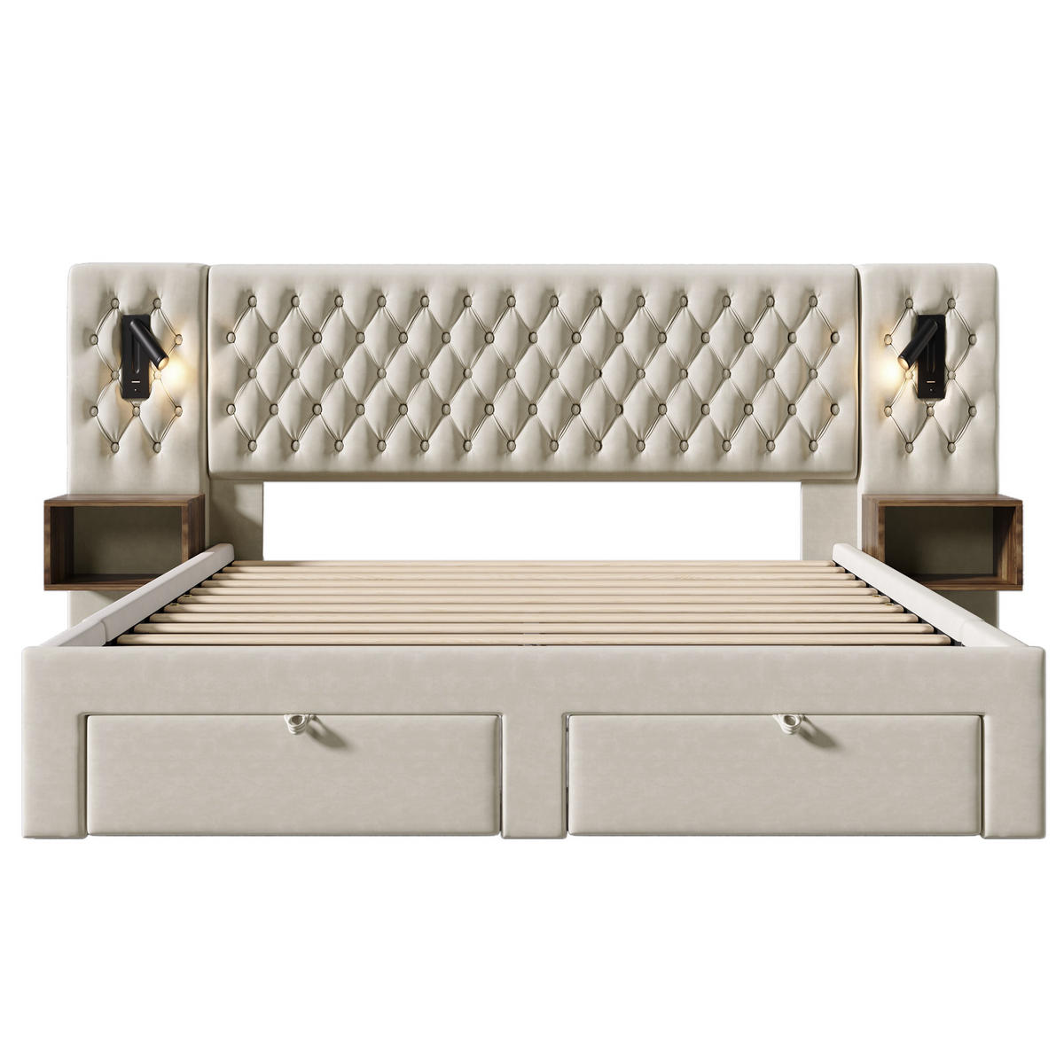 POLSTERBETT 160/200 cm in Beige mit Nachttischen, Schubladen und USB - Beige, Textil (160/200cm) - Flora Grace