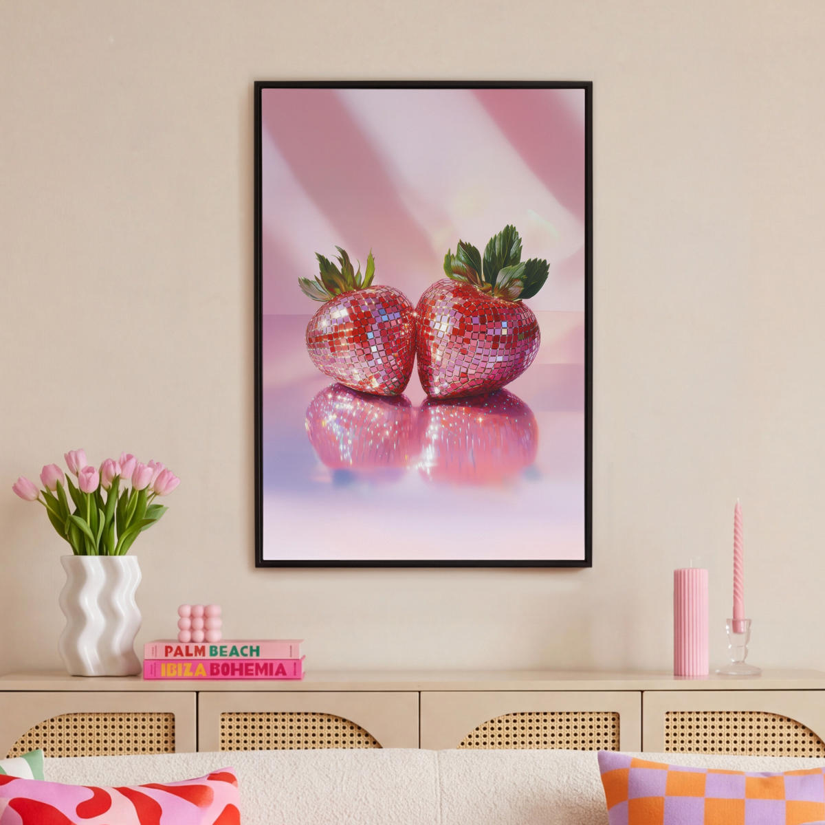 LEINWAND Bilder mit Rahmen - Disco - Obst - Glitzer - Erdbeere - 60x90 - Pink, Textil (60/90cm) - MuchoWow