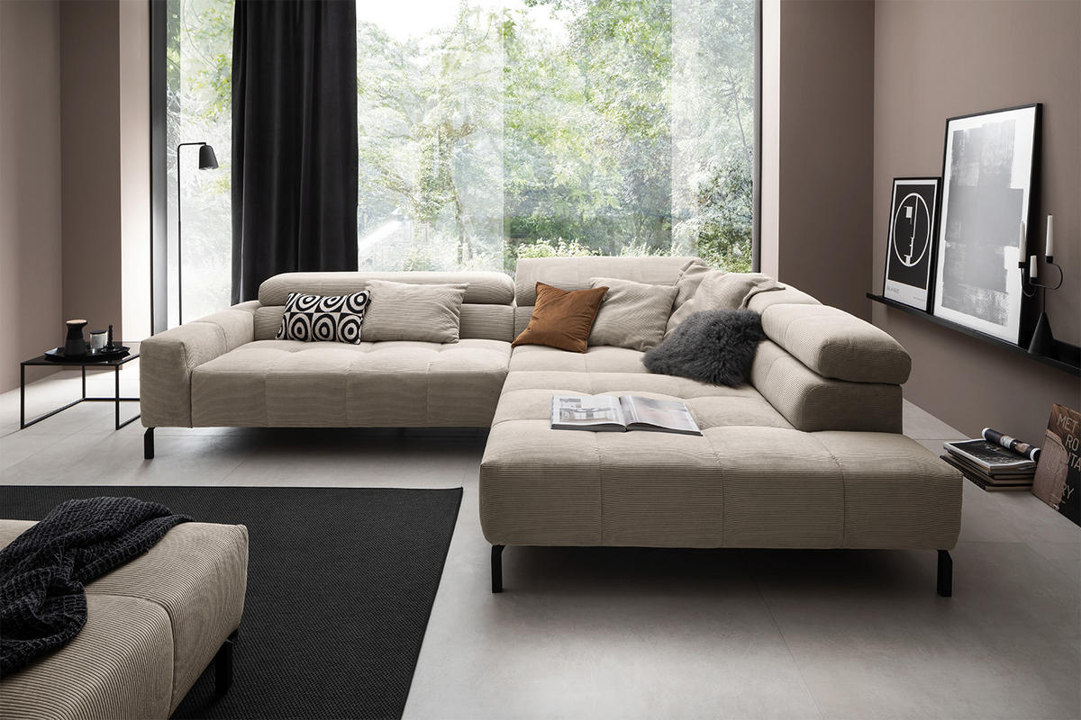 ECKSOFA OHIO Beige Cord - Beige/Schwarz, Textil/Metall (311/219cm) - KAWOLA