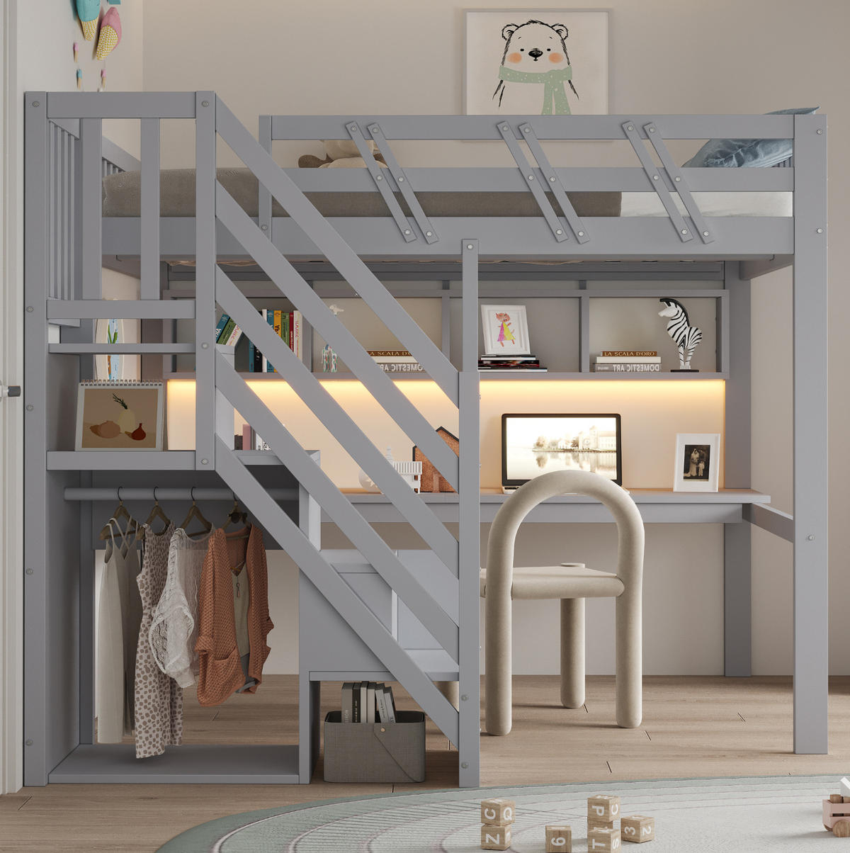 HOCHBETT Holz 140x200 cm Grau mit Schreibtisch, Aufbewahrungstreppe, LED und Steckdosen - Grau, Holz (140/200cm) - Modfu