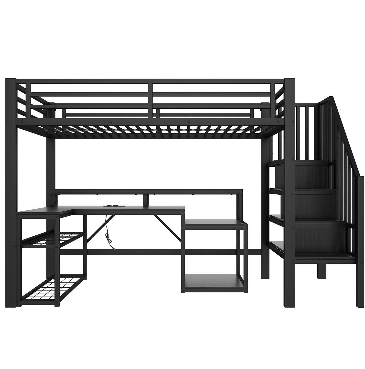 HOCHBETT aus Metall und MDF 90x200 cm Schwarz mit LED, USB-Anschluss, Schreibtisch und Stauraum - Schwarz, Metall (90/200cm) - Modfu
