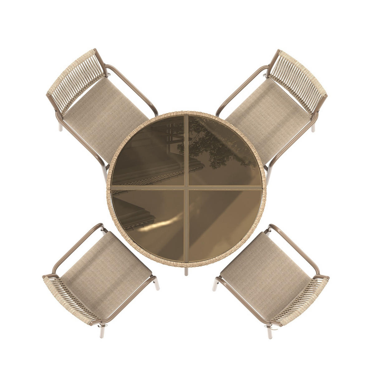 GARTENMÖBELSET 110/110/74 cm braun aus Eisen mit Glasplatte und 4 Sesseln - Braun, Metall - OKWISH