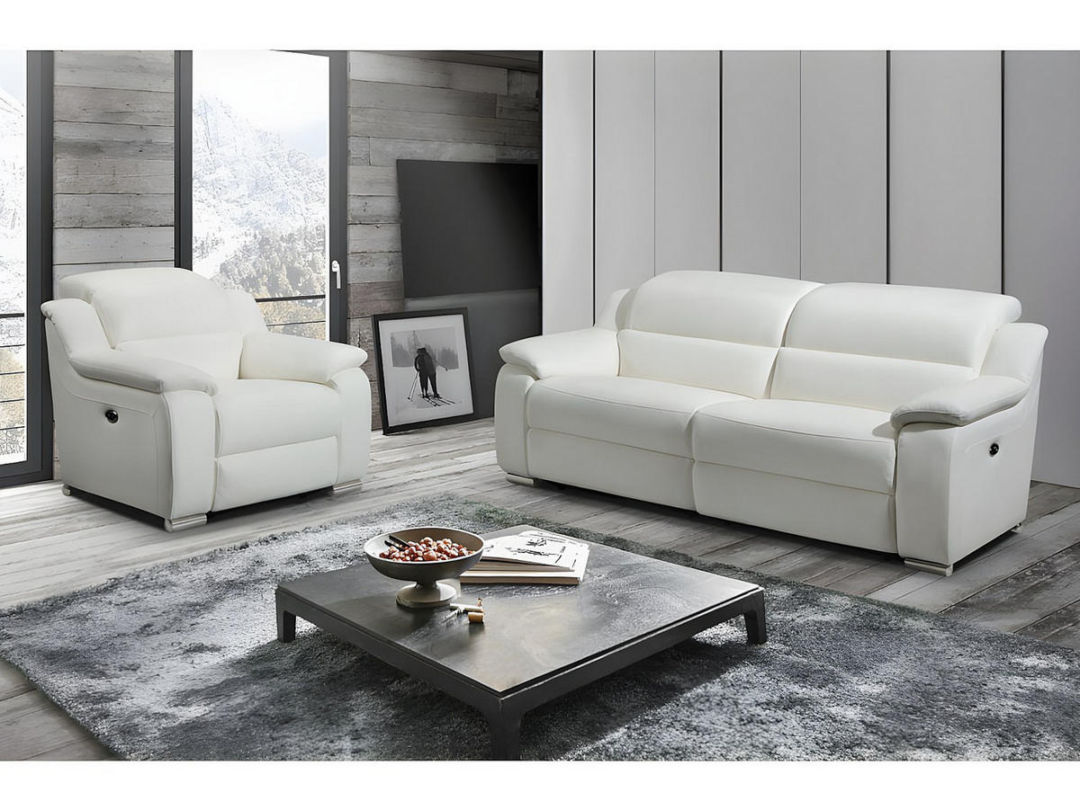 SOFAGARNITUR mit Relaxfunktion - 4 Personen-Sitzer - Leder - Weiß - - Weiß, Leder (202/86/104cm) - Vente-Unique