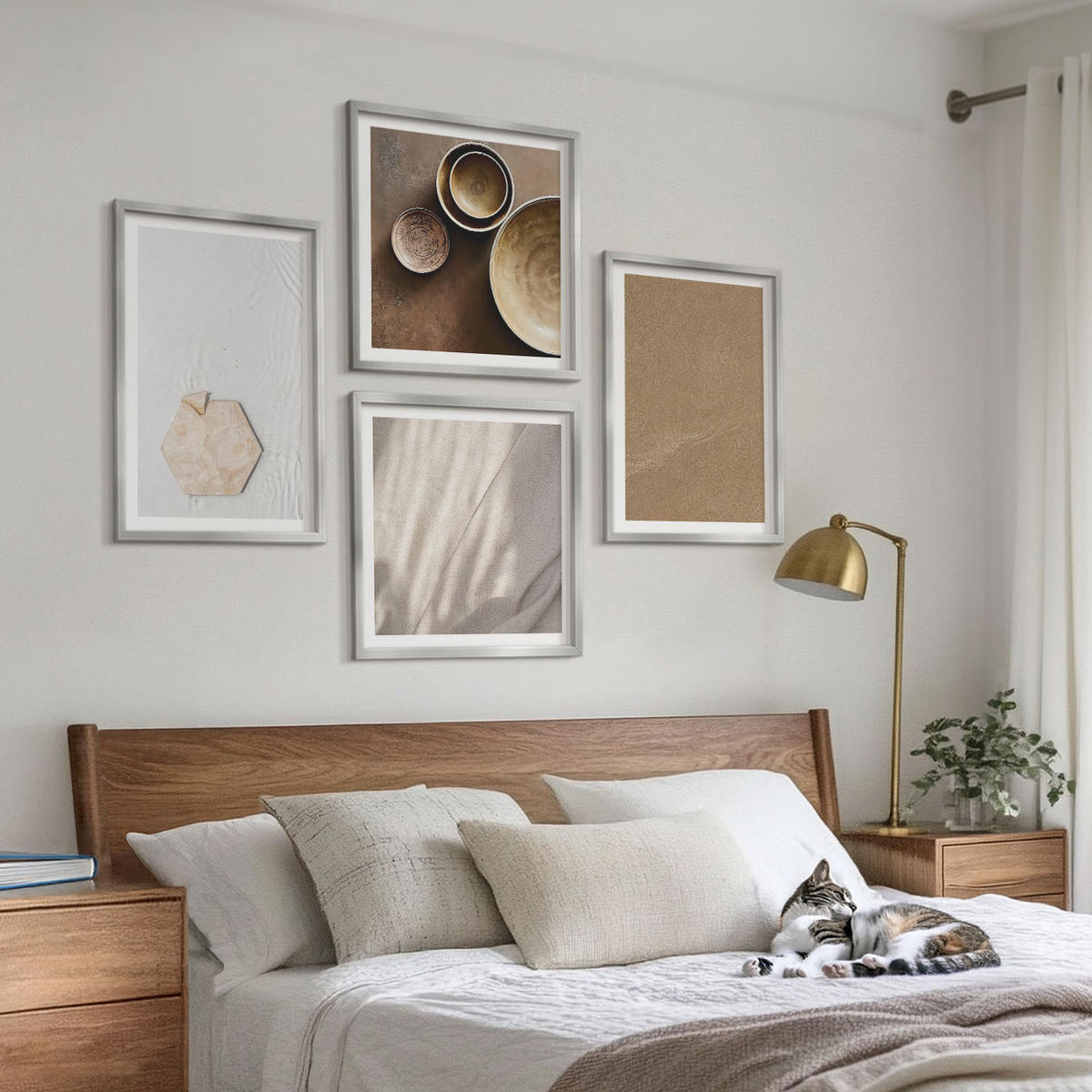 BILDER SET 4er Set - 50x50 cm & 40x60 cm Silberner Rahmen - Minimalistische warme Texturen - Silberfarben, Kunststoff (50/50cm) - TULUP