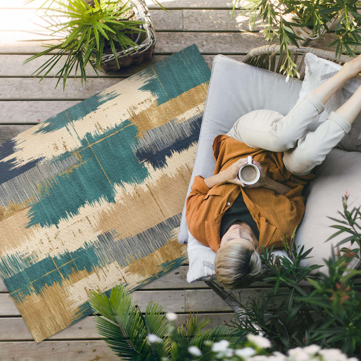 TEPPICH 150x225 cm Abstrakte Farbspuren Retro Effekt - Petrol, Kunststoff (150/225cm) - Wallfluent