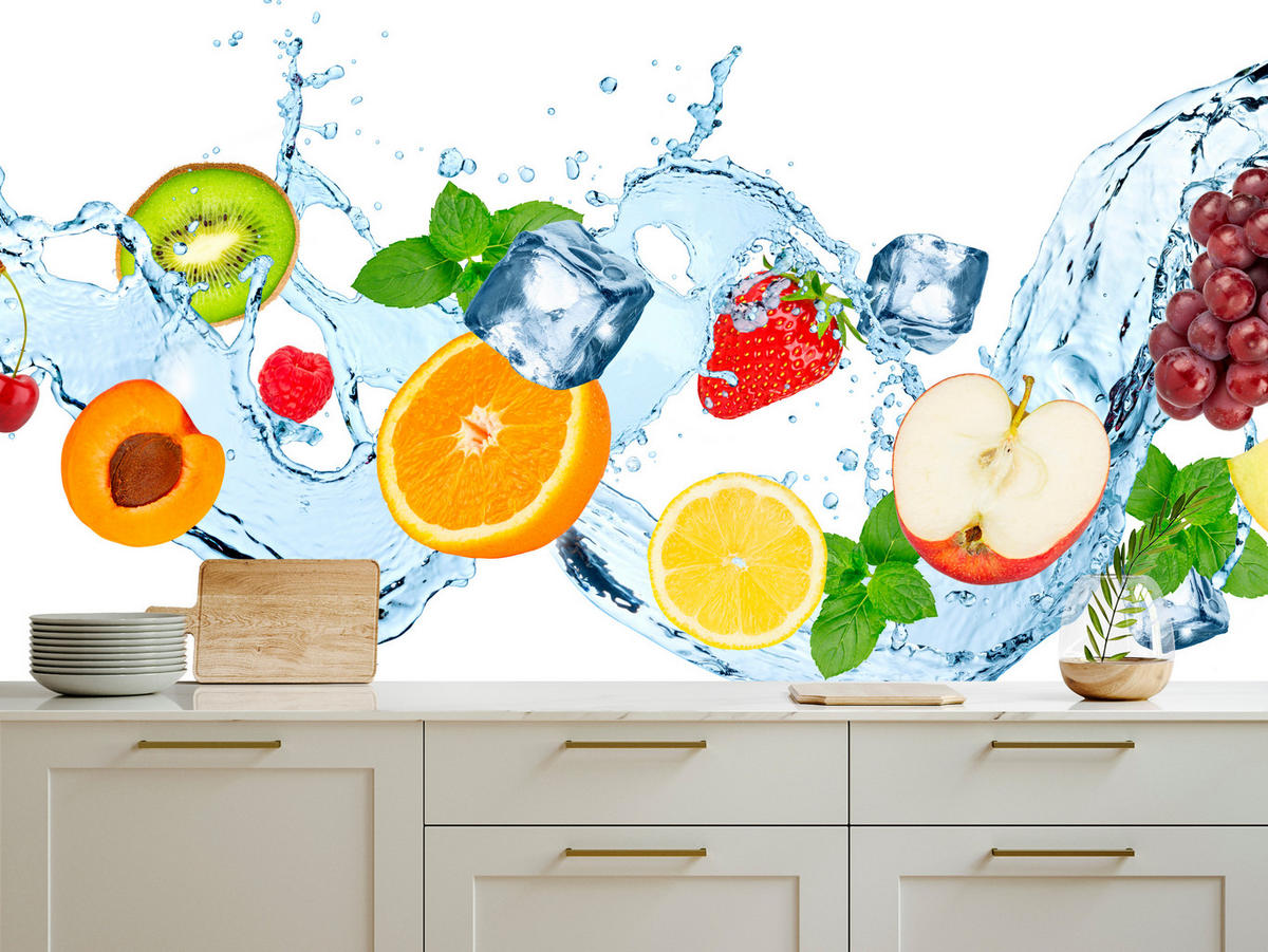 FOTOTAPETE für Küche Erfrischende Früchte Eis Wasser Orange Minze Zitrone Kiwi 400x280 - Gelb/Rot, Papier (400/280cm) - Muralo