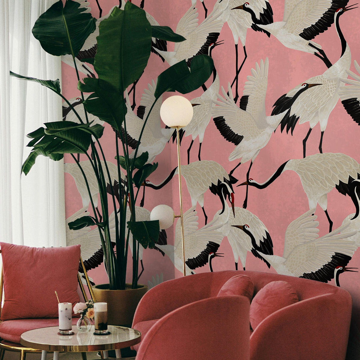 TAPETE Reiher aus echtem Papier, 200x280cm, 8 Bögen - Pink, Papier (200/280cm) - WALLPAPERS4BEGINNERS