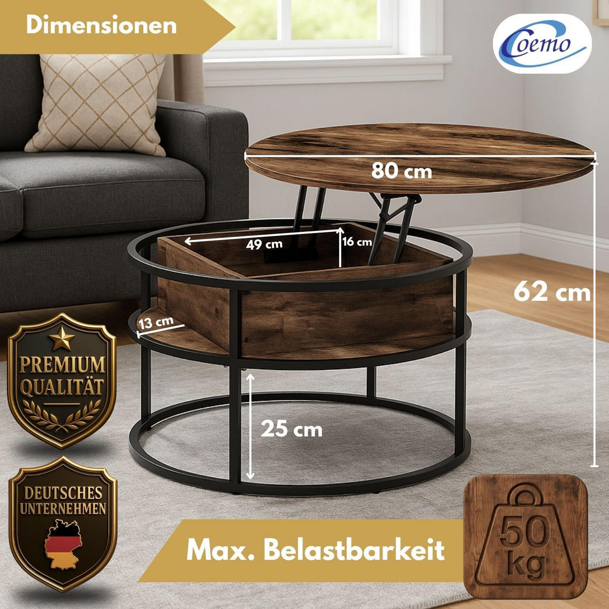 COUCHTISCH SWING Baun verstellbare Tischplatte Aufbewahrungsfach - Braun, Metall (80/80/47cm) - Coemo