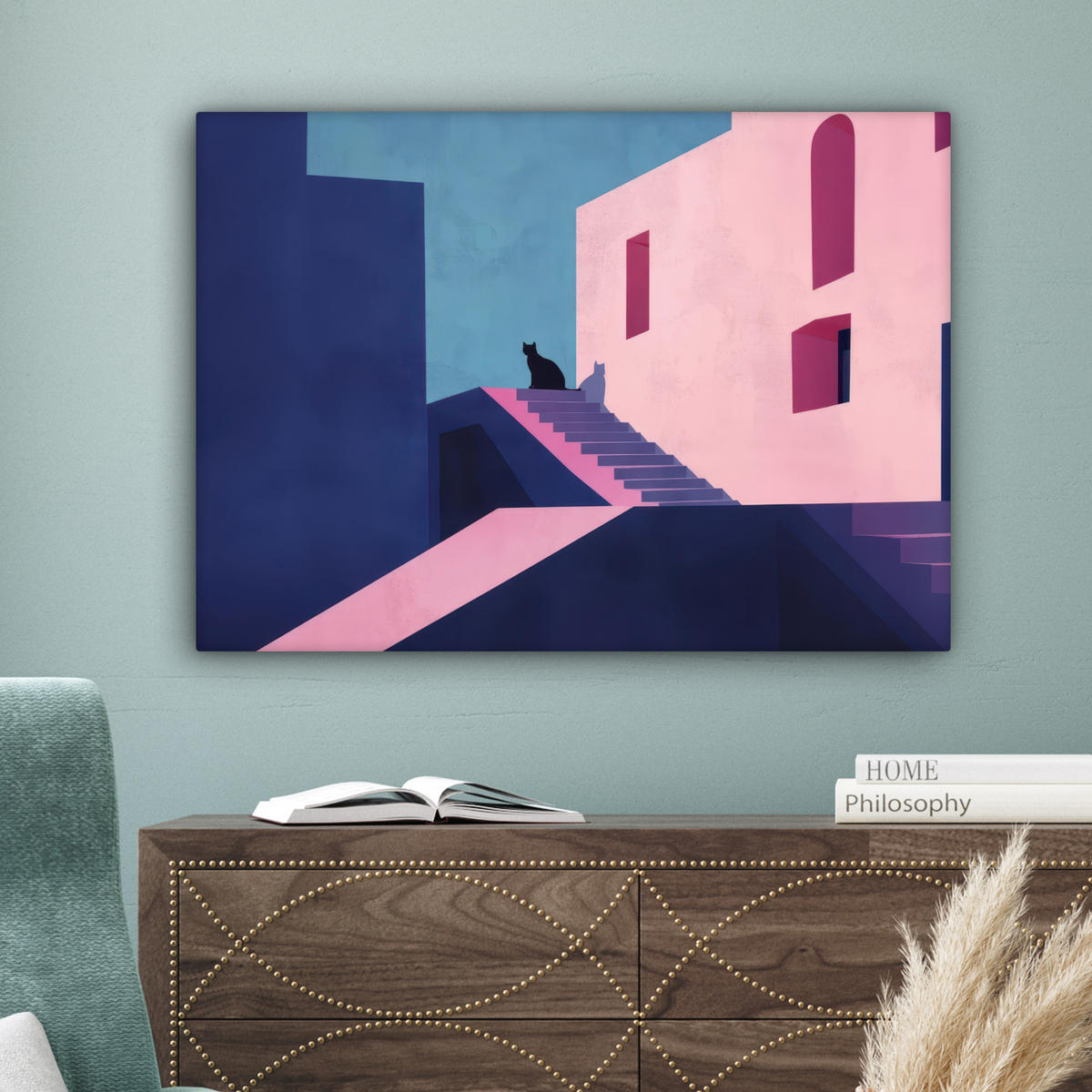 LEINWANDBILD Katze - Treppe - Gebäude - Schattenkontraste Wandbilder 80x60 cm - Dunkelblau, Textil (80/60cm) - MuchoWow