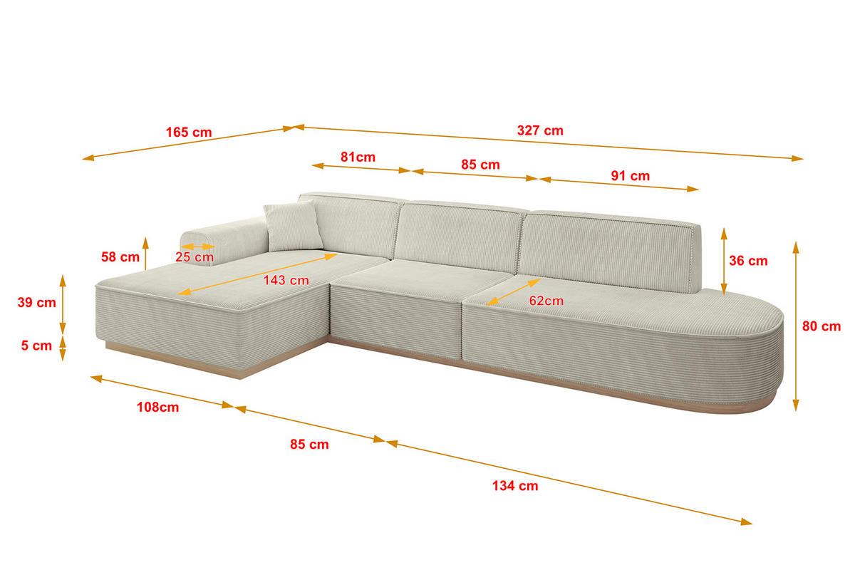 ECKSOFA Ottomane Links IREA-L2 - 327x165x80 cm Creme - Ecru/Creme, Holzwerkstoff/Textil (327/165cm) - ALTDECOR