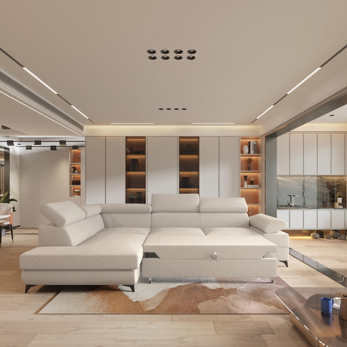 ECKSOFA FAVIEN L-S Creme Boucle-Stoff mit Schlaffunktion - Creme, Holz (257/190cm) - MASSENO