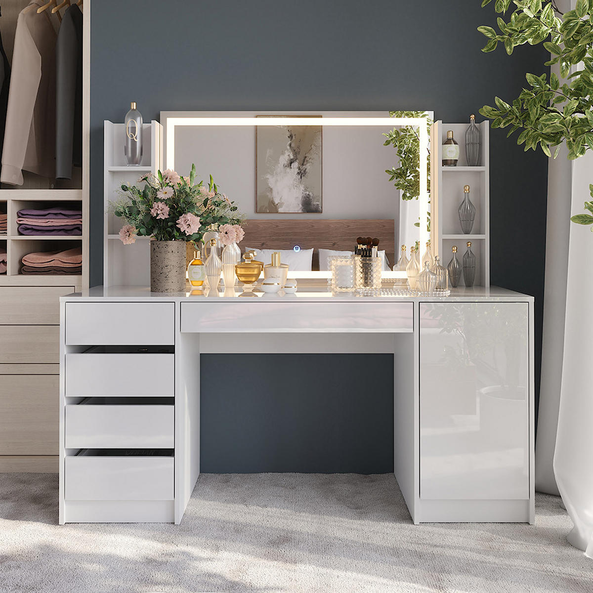 SCHMINKTISCH Sherry Weiß/Weiß Hochglanz 158.2 cm 4 Teile - Weiß Hochglanz, Holzwerkstoff (158.2/76/50.1cm) - Vicco