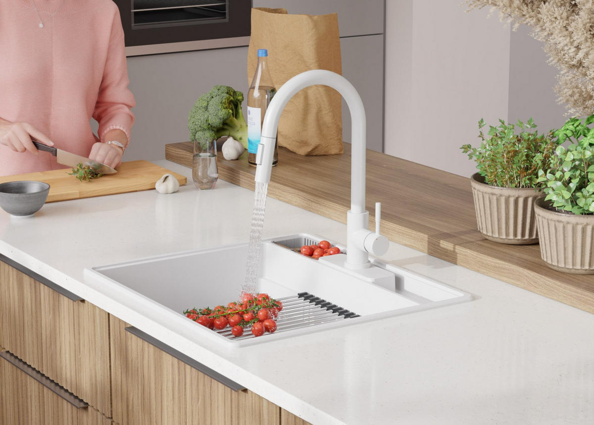 SPÜLBECKEN New York, 2-er set Weiß 58/53 cm 1 Becken + Ablauf-Set + Küchenzubehörset ab 60er Unterschrank - Chromfarben/Beige, Kunststoff (58/20/53cm) - Primagran