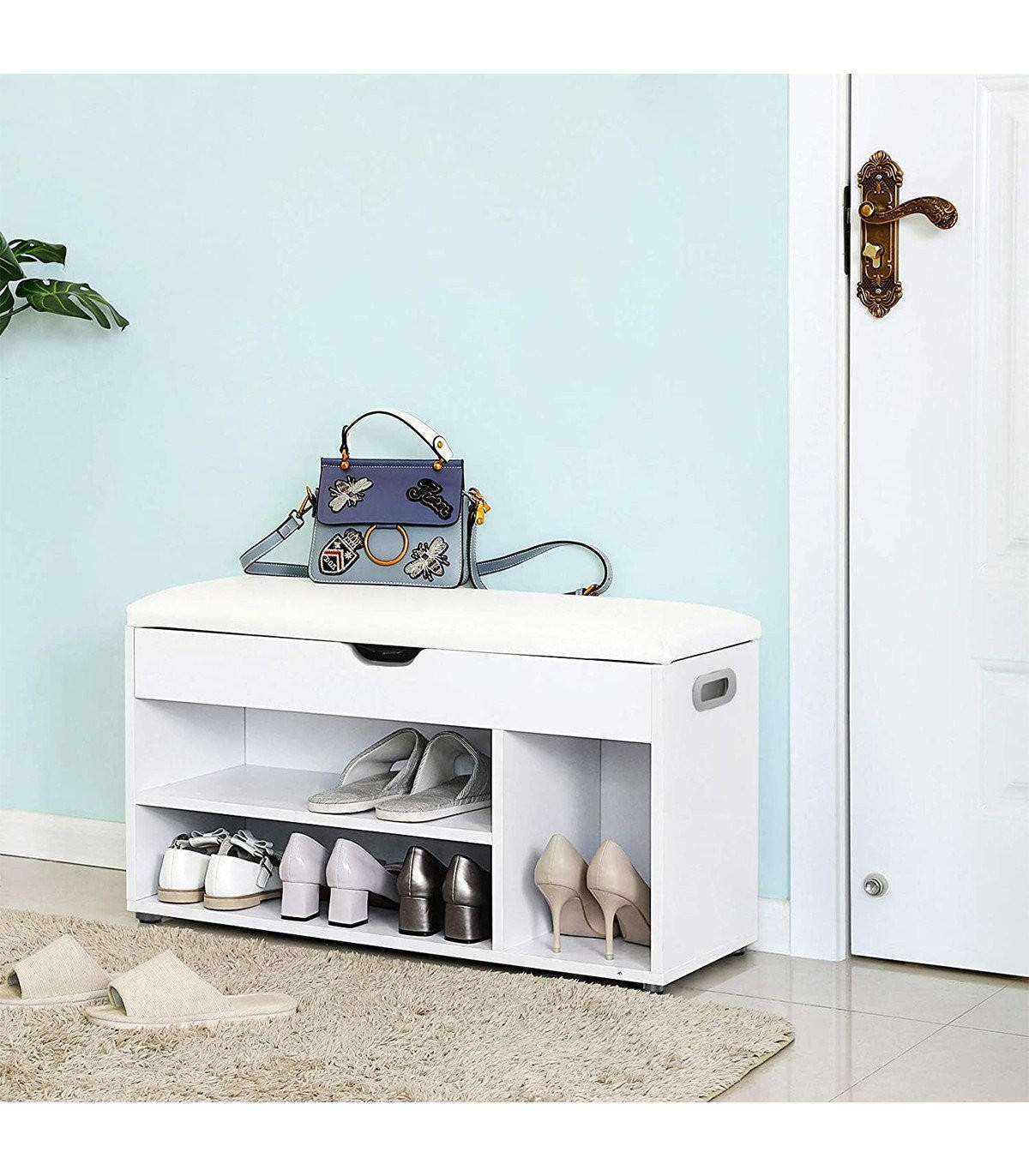 SCHUHBANK 3 Fächer und 1 Truhe mit bequemer Sitzfläche - H44 cm - Weiß, Holzwerkstoff (30/44/80cm) - Calicosy