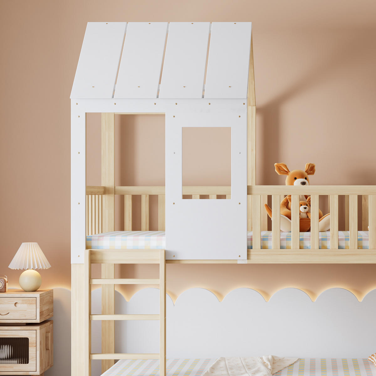 ETAGENBETT 90x200 cm, Hasenkopfteil & Holzlattenrost, Samt gesteppt, beige - Naturfarben, Holz (100/200cm)
