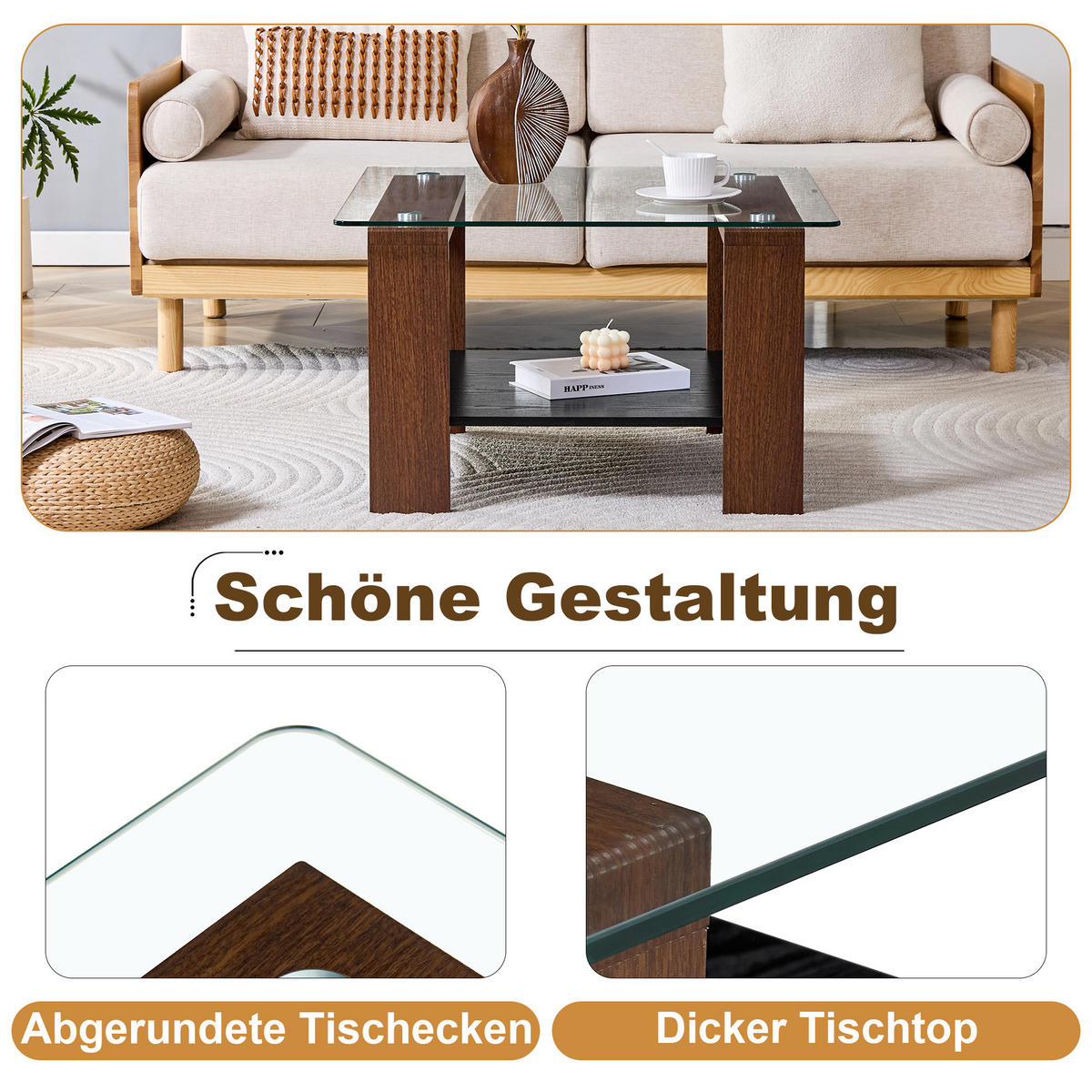 COUCHTISCH 75/75/45,5 cm walnussfarben aus MDF und Glas mit Ablage - Walnussfarben, Holzwerkstoff (75/75/45.5cm) - OKWISH