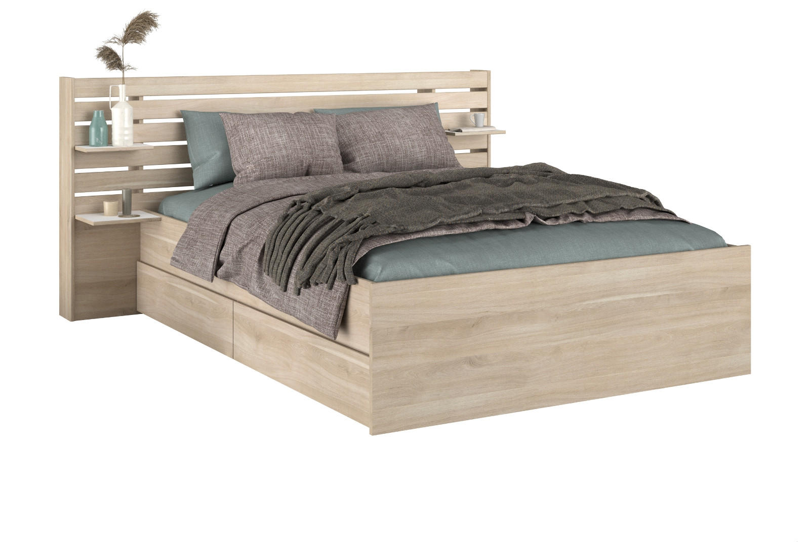 STAURAUMBETT Bett 140x200 cm mit 2 x Bettschubkasten und Ablage - Eichefarben, Holz/Holzwerkstoff (200/140cm) - Parisot Meuble