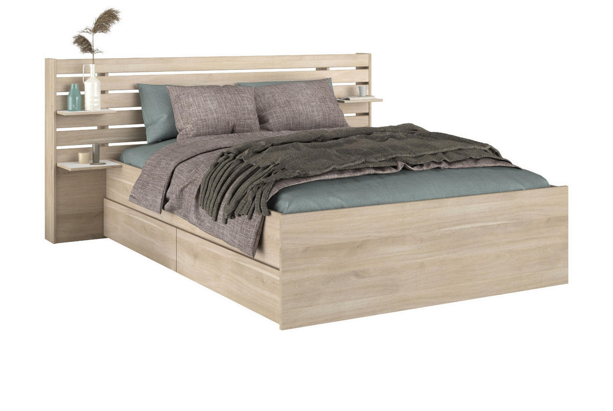 STAURAUMBETT Bett 140x200 cm mit 2 x Bettschubkasten und Ablage - Eichefarben, Holz/Holzwerkstoff (200/140cm) - Parisot Meuble