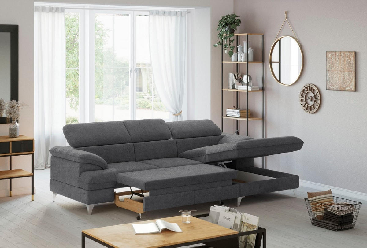ECKSOFA mit Schlaffunktion und Bettkasten, verstellbare Kopfstützen - Chromfarben/Dunkelgrau, Textil/Metall (167/254cm) - Cotta