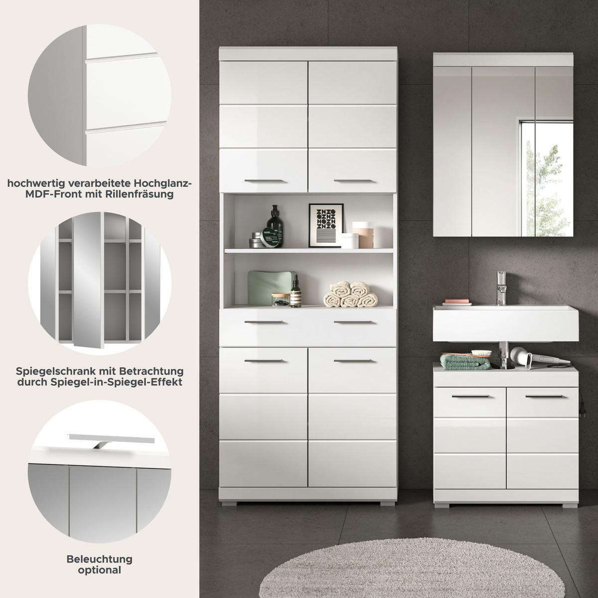 BADKOMBINATION 3tlg. Scout Bad in weiß Nachbildung und weiß hochglanz B/H/T: 149x191x34 cm - Weiß, Holz (149/191/34cm)